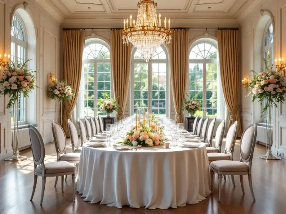 Elegante feestzaal in klassieke stijl ingericht voor jubileum, met gedekte antieke tafel onder kristallen kroonluchter en bloemen in pastelkleuren.