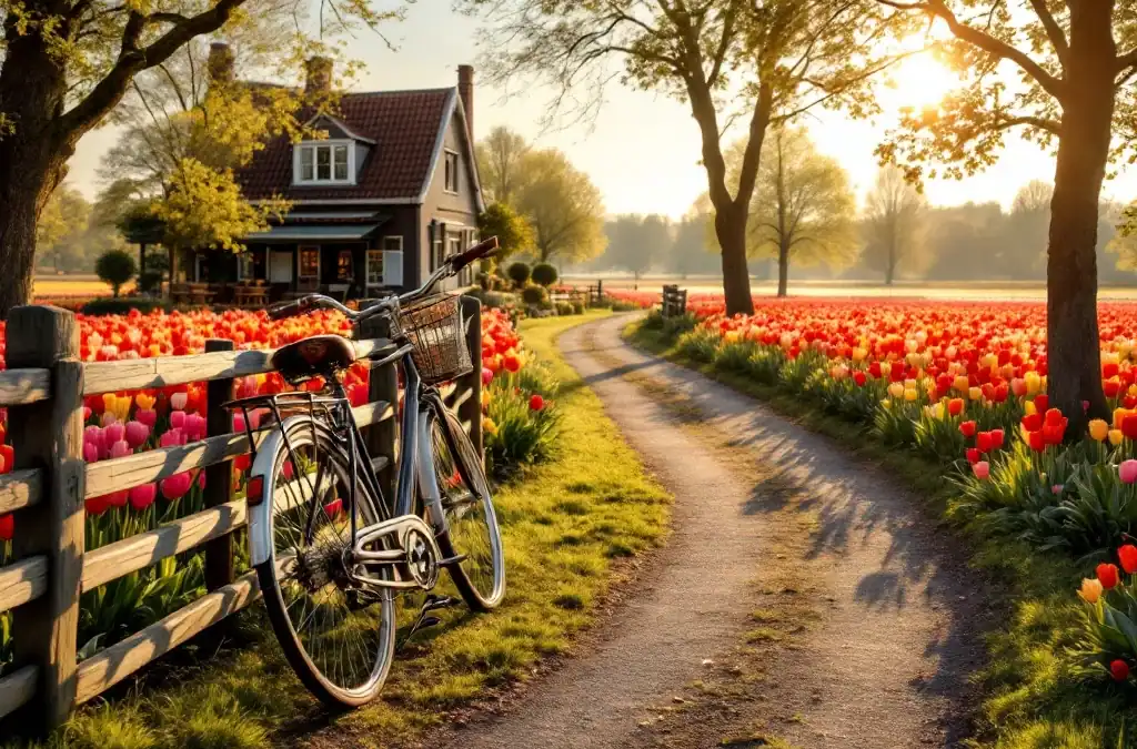Fietspaadje door kleurrijke tulpenvelden in Hillegom met antieke fiets tegen houten hek en traditioneel Nederlands gebouw in gouden middaglicht.