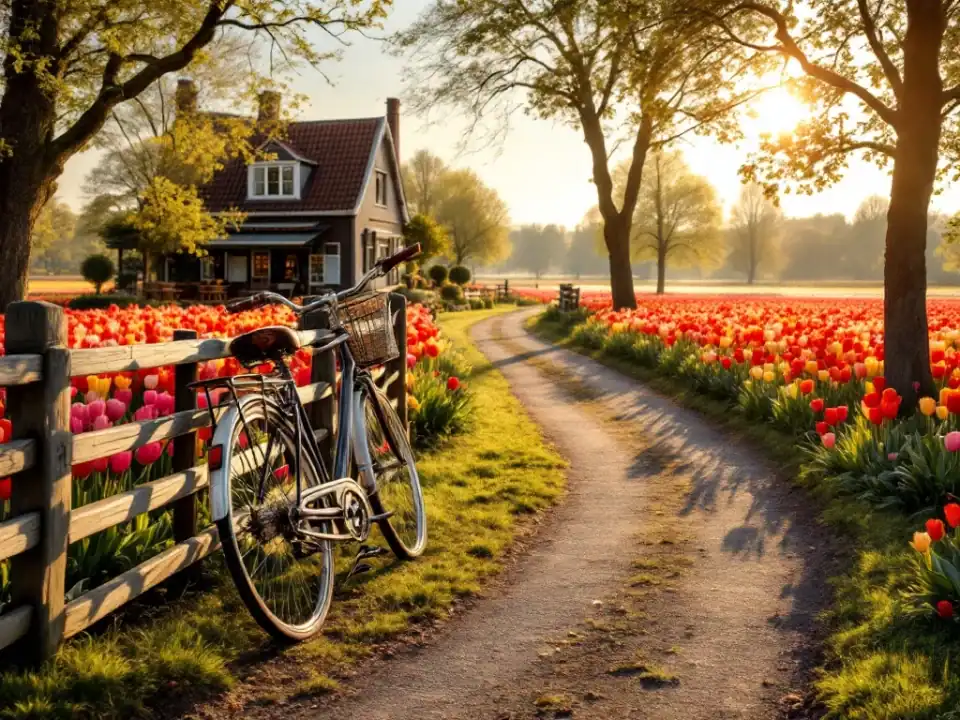 Fietspaadje door kleurrijke tulpenvelden in Hillegom met antieke fiets tegen houten hek en traditioneel Nederlands gebouw in gouden middaglicht.