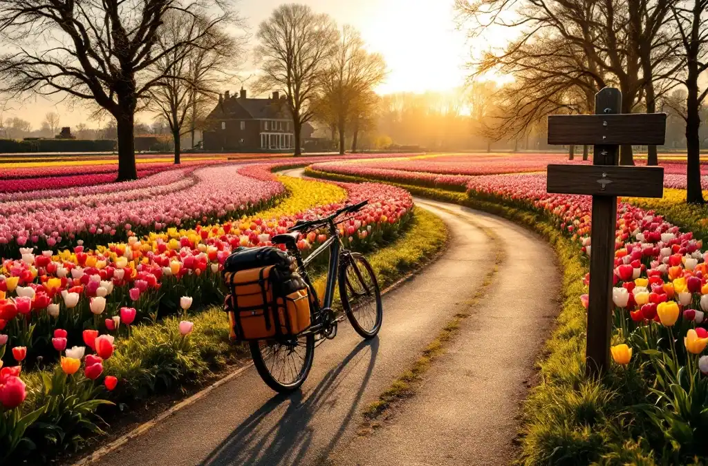 Fietspad door kleurrijke tulpenvelden in Hillegom met drie routes, een geparkeerde fiets bij wegwijzer en Villa Flora op de achtergrond in gouden middaglicht.