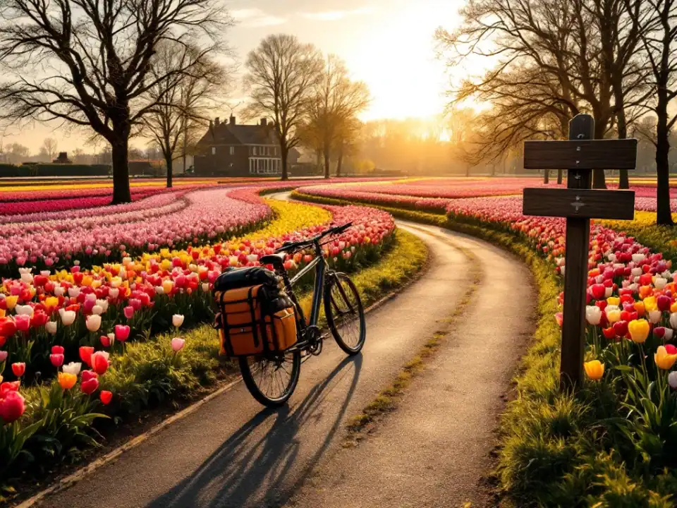 Fietspad door kleurrijke tulpenvelden in Hillegom met drie routes, een geparkeerde fiets bij wegwijzer en Villa Flora op de achtergrond in gouden middaglicht.