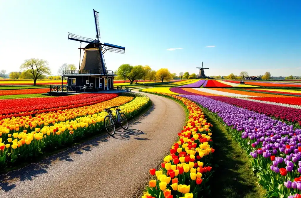 Fietspad door kleurrijke tulpenvelden in de Bollenstreek, met traditionele windmolen en geparkeerde fietsen bij een uitkijkpunt.