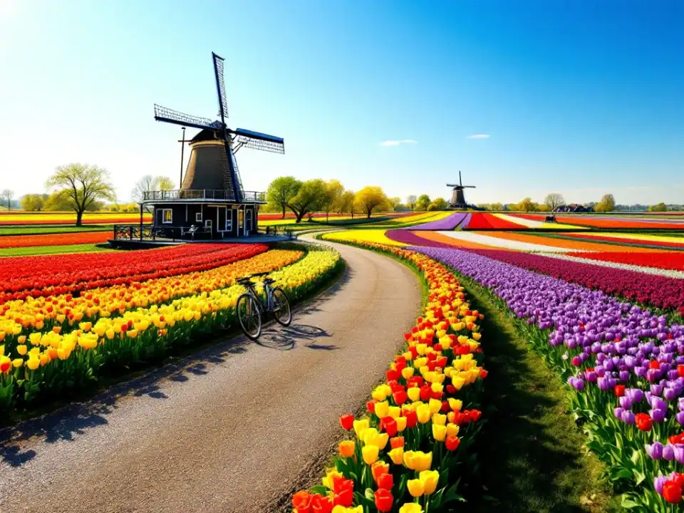 Fietspad door kleurrijke tulpenvelden in de Bollenstreek, met traditionele windmolen en geparkeerde fietsen bij een uitkijkpunt.