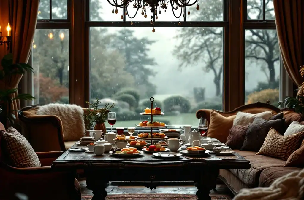 Gezellige High Tea in elegante Nederlandse landhuis woonkamer met regenachtig uitzicht, warme verlichting en vrienden die samenkomen.