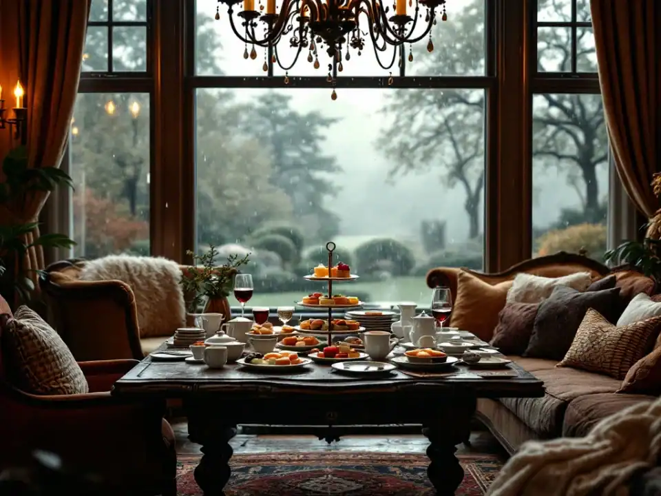 Gezellige High Tea in elegante Nederlandse landhuis woonkamer met regenachtig uitzicht, warme verlichting en vrienden die samenkomen.