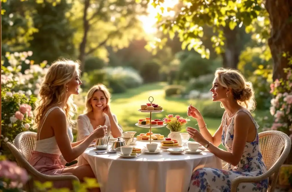 Vrouwen genieten van high tea in zonnige hoteltuin met gedekte tafels, terwijl op de achtergrond kleurrijke bollenvelden en fietsers zichtbaar zijn.