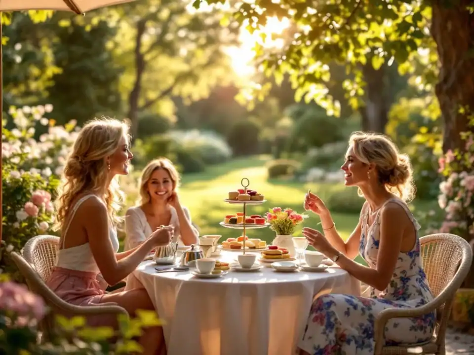Vrouwen genieten van high tea in zonnige hoteltuin met gedekte tafels, terwijl op de achtergrond kleurrijke bollenvelden en fietsers zichtbaar zijn.