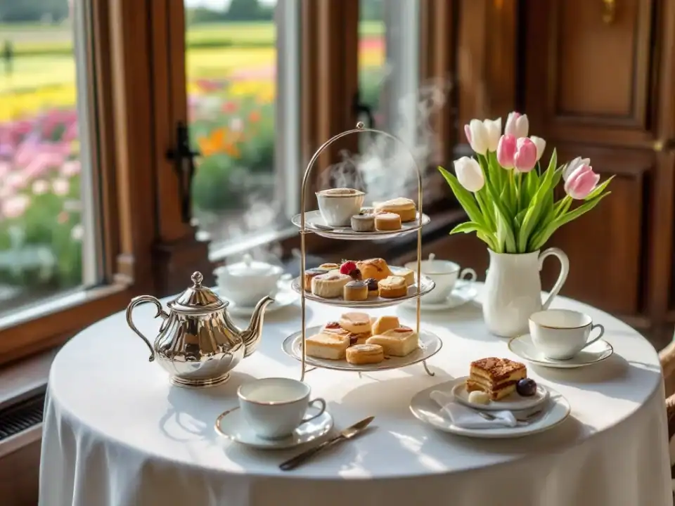 Elegante high tea opstelling bij Villa Flora met drielaagse etagère, zilveren theepot en uitzicht op kleurrijke Nederlandse bloemenvelden