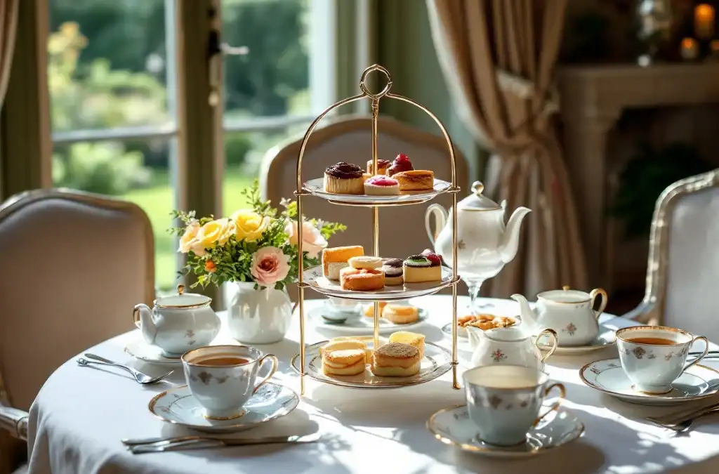 Elegante high tea opstelling in Villa Flora met antiek porseleinen theeservies, drielaagse etagère vol lekkernijen en dampende thee op een damasten tafelkleed.
