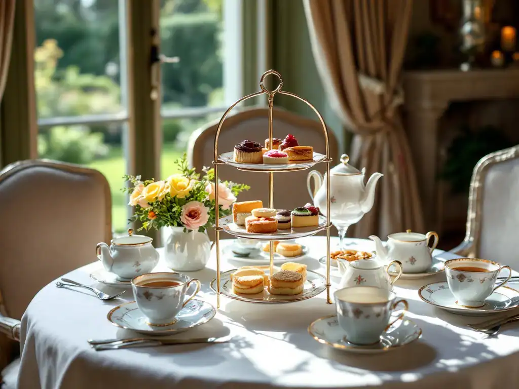 Elegante high tea opstelling in Villa Flora met antiek porseleinen theeservies, drielaagse etagère vol lekkernijen en dampende thee op een damasten tafelkleed.