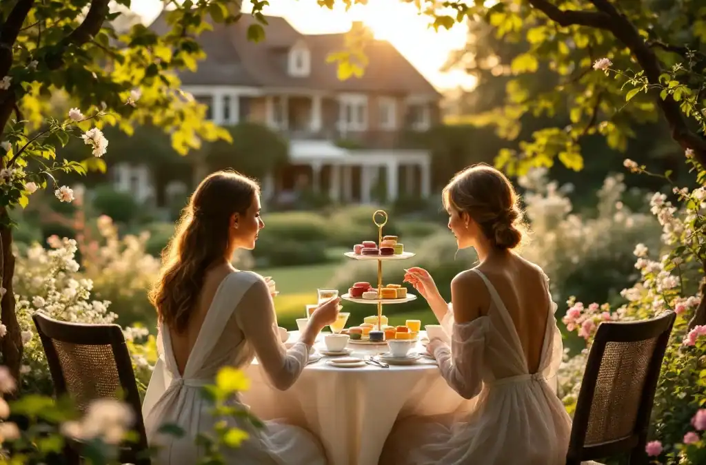 Stijlvolle high tea tafel in bloeiende hoteltuin met twee gasten, drielaags etagère vol lekkernijen en historisch landhuis op achtergrond in warme namiddagzon.