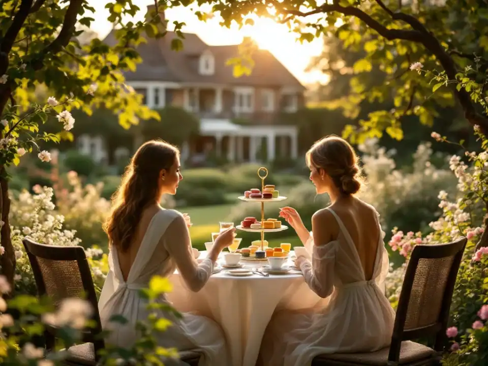 Stijlvolle high tea tafel in bloeiende hoteltuin met twee gasten, drielaags etagère vol lekkernijen en historisch landhuis op achtergrond in warme namiddagzon.