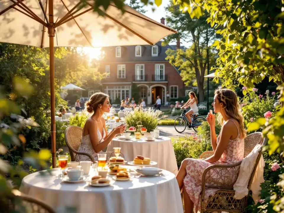 Vrouwen genieten van high tea in zonnige hoteltuinen met gedekte bistrotafels, kleurrijke lekkernijen en bollenvelden op de achtergrond.