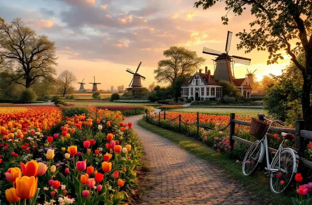 Luchtfoto van historisch landgoed in Hillegom, omringd door bloeiende tulpenvelden, met windmolens aan de horizon tijdens gouden uur