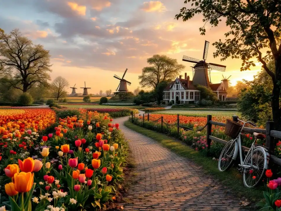 Luchtfoto van historisch landgoed in Hillegom, omringd door bloeiende tulpenvelden, met windmolens aan de horizon tijdens gouden uur