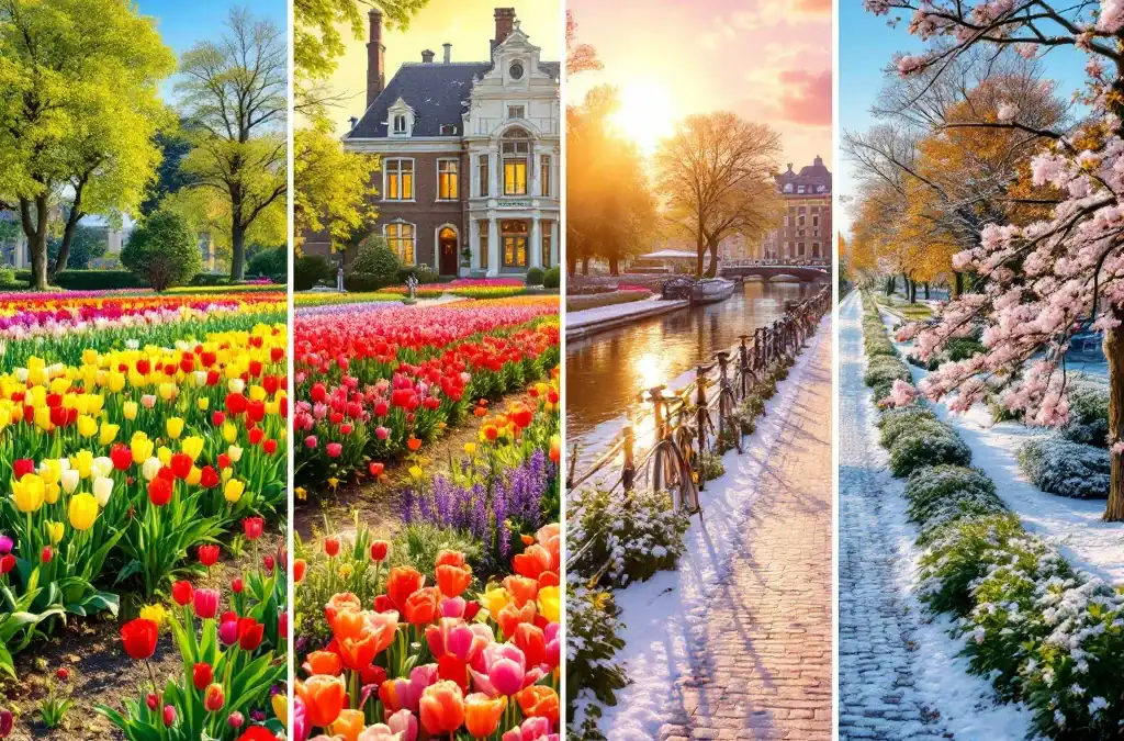 Hillegom door de vier seizoenen: lentebloeiende tulpenvelden, zomerse fietspad langs kanalen, herfstige bomenlanen en historisch gebouw in wintersneeuw.
