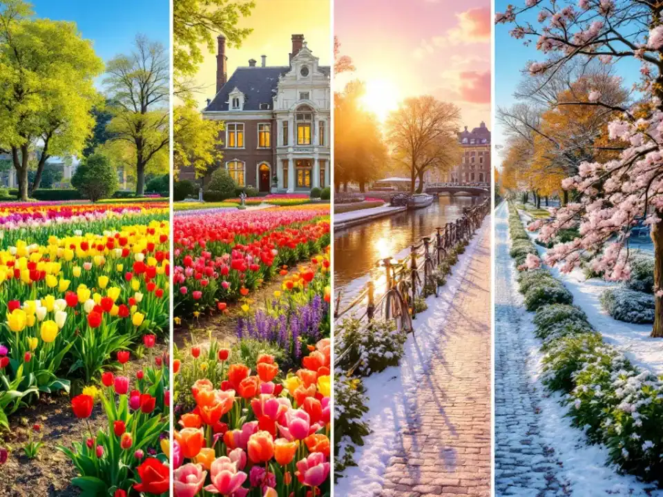 Hillegom door de vier seizoenen: lentebloeiende tulpenvelden, zomerse fietspad langs kanalen, herfstige bomenlanen en historisch gebouw in wintersneeuw.