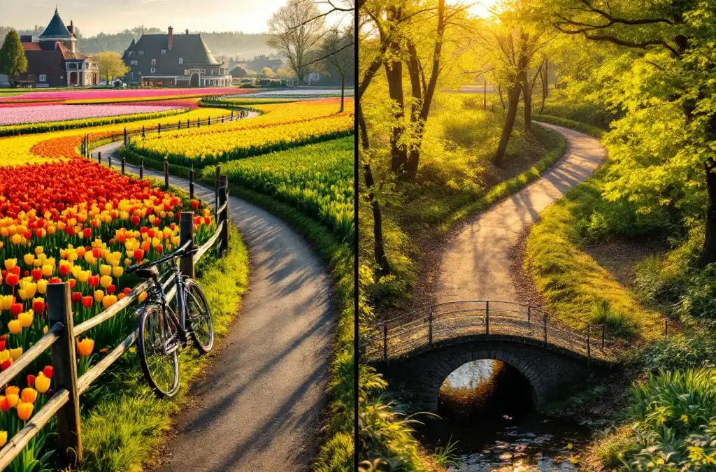 Luchtaanzicht van Hillegom tijdens tulpenseizoen: fietspad door kleurrijke bloemenvelden, wandelroute door bos, historische brug en Villa Flora in warm middaglicht.