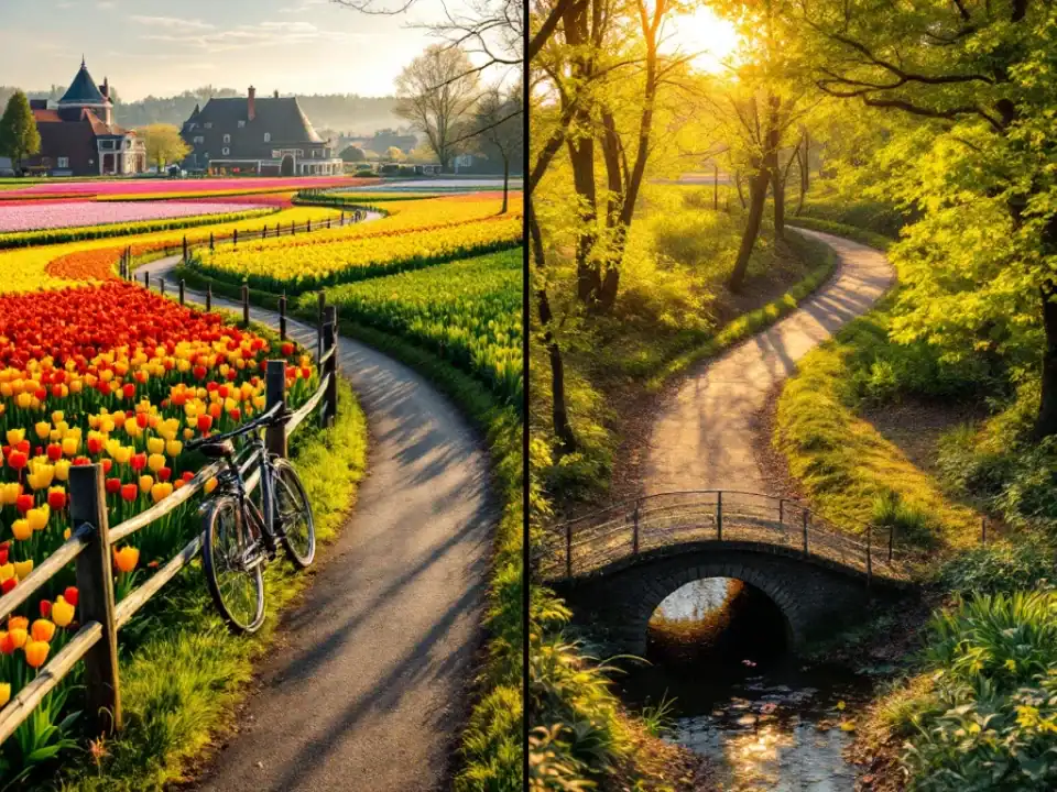 Luchtaanzicht van Hillegom tijdens tulpenseizoen: fietspad door kleurrijke bloemenvelden, wandelroute door bos, historische brug en Villa Flora in warm middaglicht.