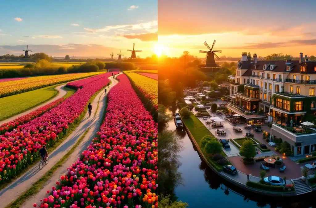 Luchtpanorama van Hillegom: kleurrijke tulpenvelden met fietspaden bij daglicht links, Villa Flora hotel in avondlicht rechts, met windmolens en kanalen in de verte.