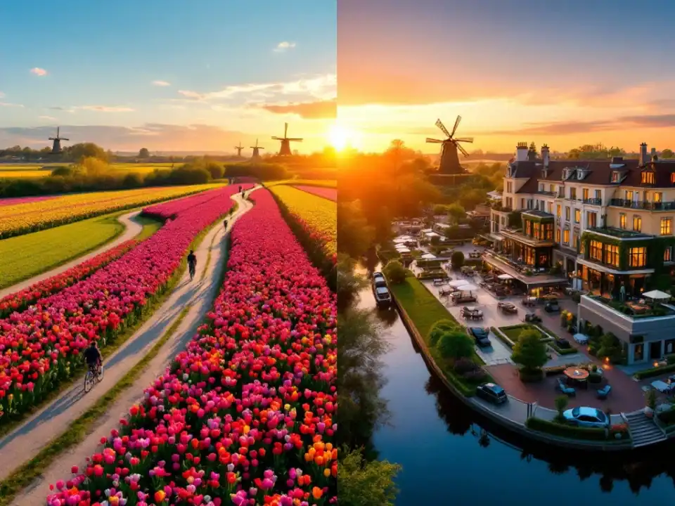 Luchtpanorama van Hillegom: kleurrijke tulpenvelden met fietspaden bij daglicht links, Villa Flora hotel in avondlicht rechts, met windmolens en kanalen in de verte.