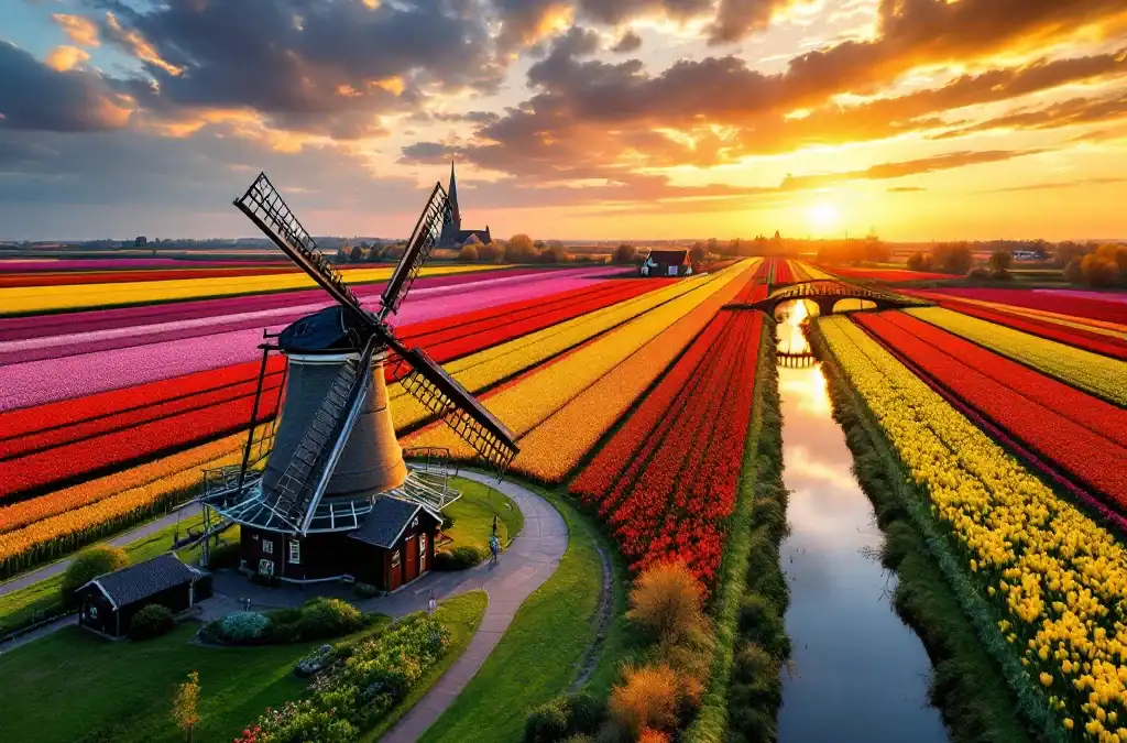 Kleurrijke tulpenvelden van Hillegom bij zonsondergang met historische windmolen, kerk, Villa Flora en een houten brug over een kanaal in het Nederlandse landschap.