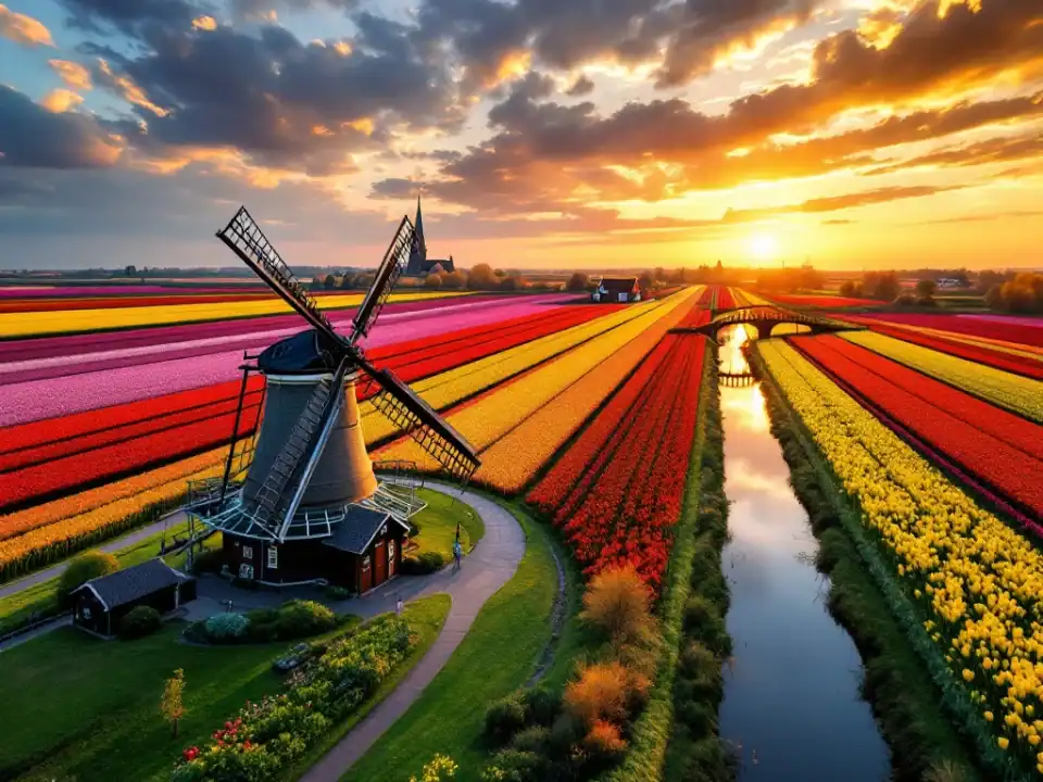 Kleurrijke tulpenvelden van Hillegom bij zonsondergang met historische windmolen, kerk, Villa Flora en een houten brug over een kanaal in het Nederlandse landschap.