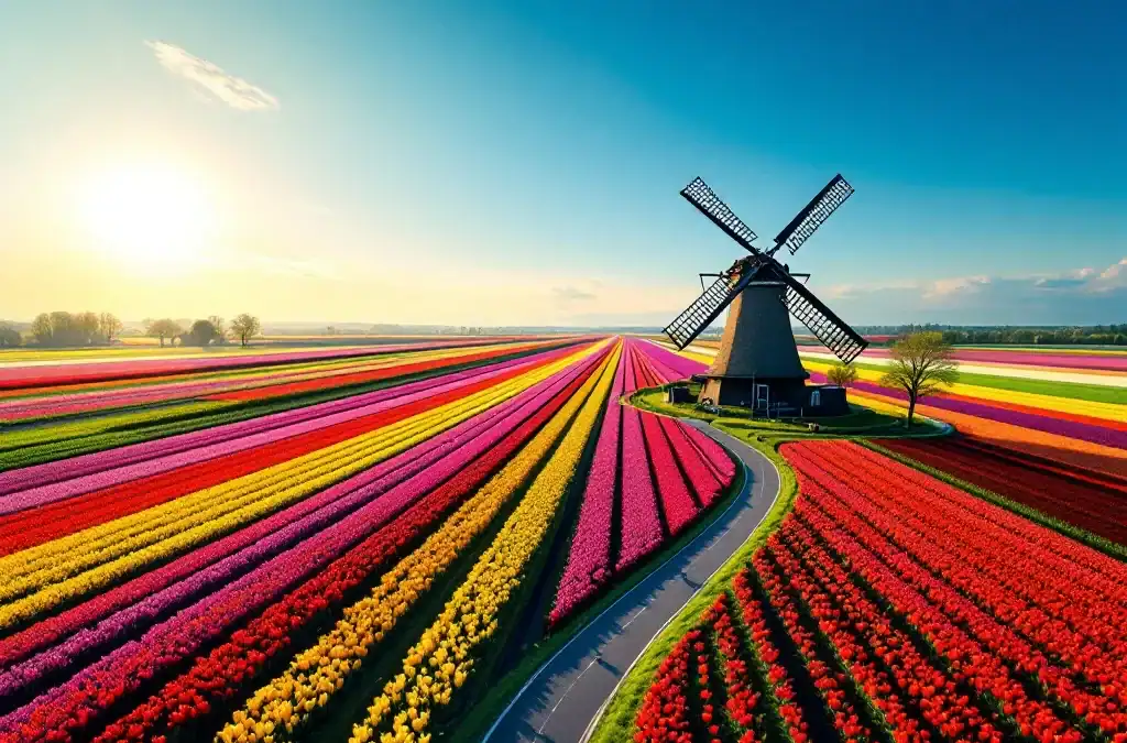 Luchtfoto van kleurrijke tulpenvelden in Hillegom met rode, gele en paarse strepen, traditionele windmolen, slingerend fietspad en seizoensovergangen in gouden namiddaglicht.