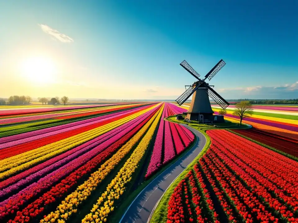 Luchtfoto van kleurrijke tulpenvelden in Hillegom met rode, gele en paarse strepen, traditionele windmolen, slingerend fietspad en seizoensovergangen in gouden namiddaglicht.