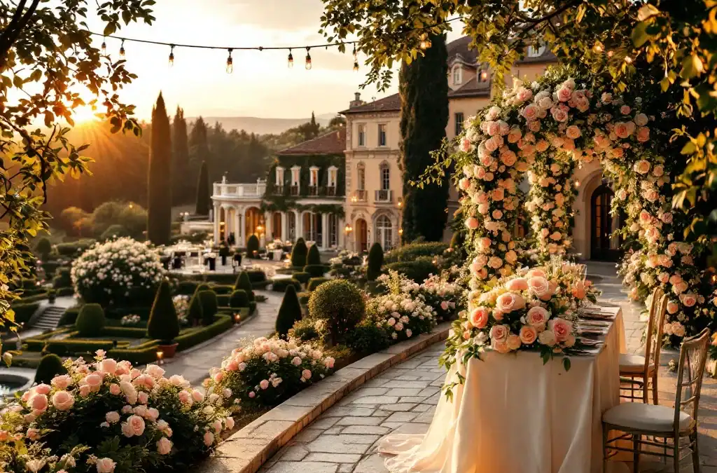 Historische villa in gouden zonlicht met elegante bruiloftstafel op terras, verzorgde tuinen met rozen en een klassiek muziekensemble voor een romantische sfeer.
