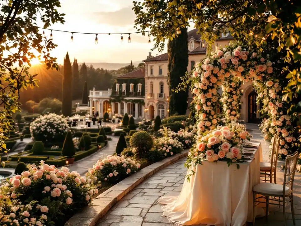 Historische villa in gouden zonlicht met elegante bruiloftstafel op terras, verzorgde tuinen met rozen en een klassiek muziekensemble voor een romantische sfeer.