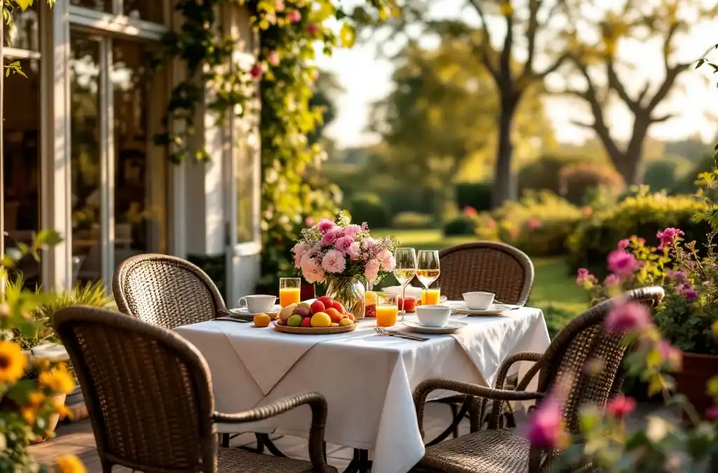 Zonnig terras van Hotel Villa Flora in Hillegom met gedekte ontbijttafel, historische façade en uitzicht op Hollandse bollenvelden in de Bollenstreek.