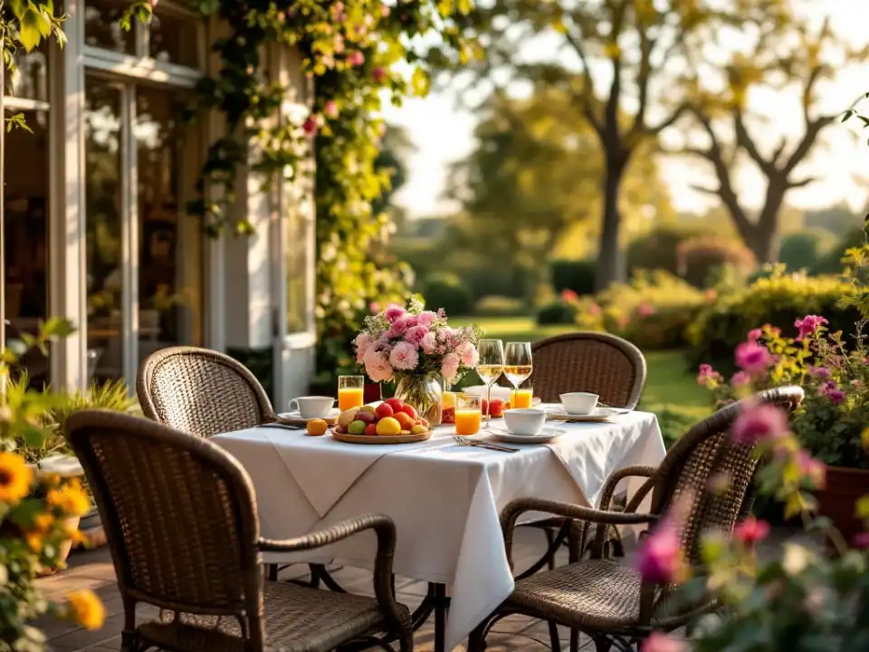 Zonnig terras van Hotel Villa Flora in Hillegom met gedekte ontbijttafel, historische façade en uitzicht op Hollandse bollenvelden in de Bollenstreek.