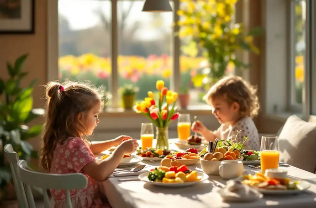 Lichte, familievriendelijke hotelrestaurantruimte met gedekte brunchtafel, kinderhoekje, en uitzicht op tulpenvelden in de Bollenstreek.