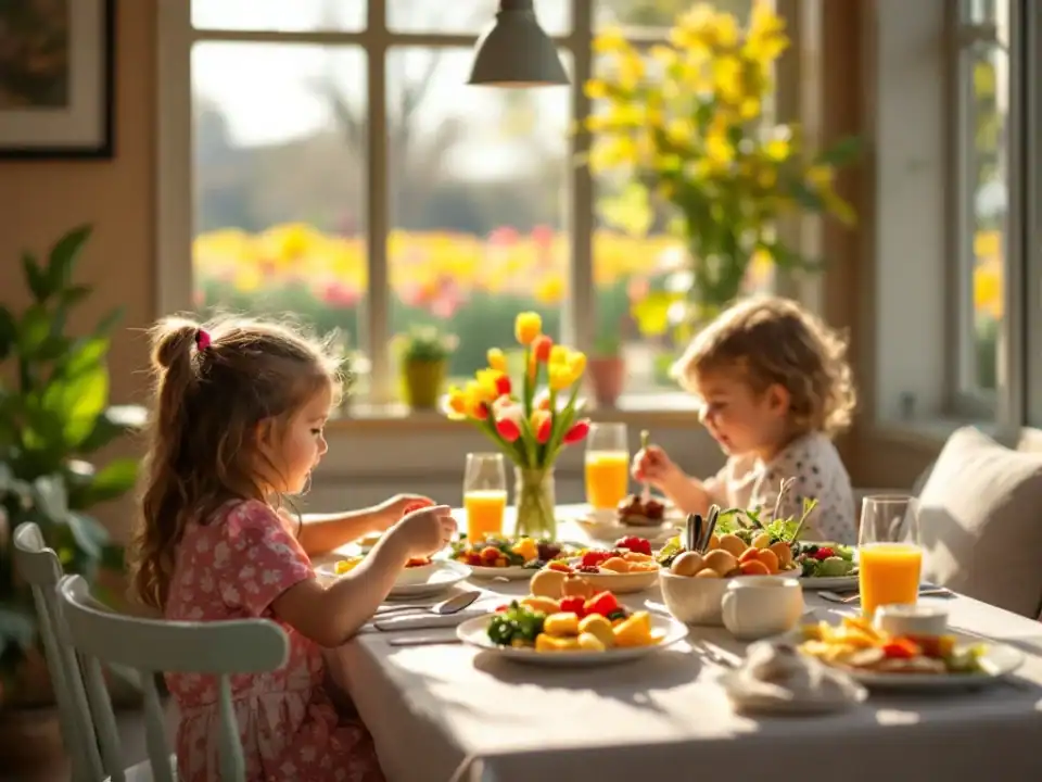 Lichte, familievriendelijke hotelrestaurantruimte met gedekte brunchtafel, kinderhoekje, en uitzicht op tulpenvelden in de Bollenstreek.