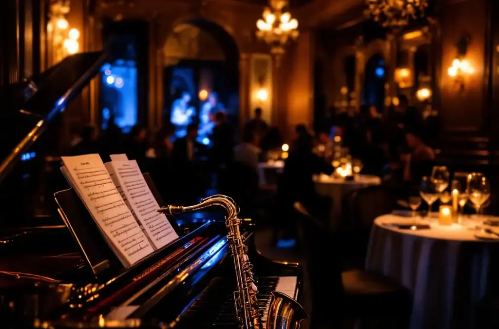 Elegante historische jazzlocatie met vleugelpiano, saxofoon en intieme tafels in sfeervol amberkleurig en blauw licht.