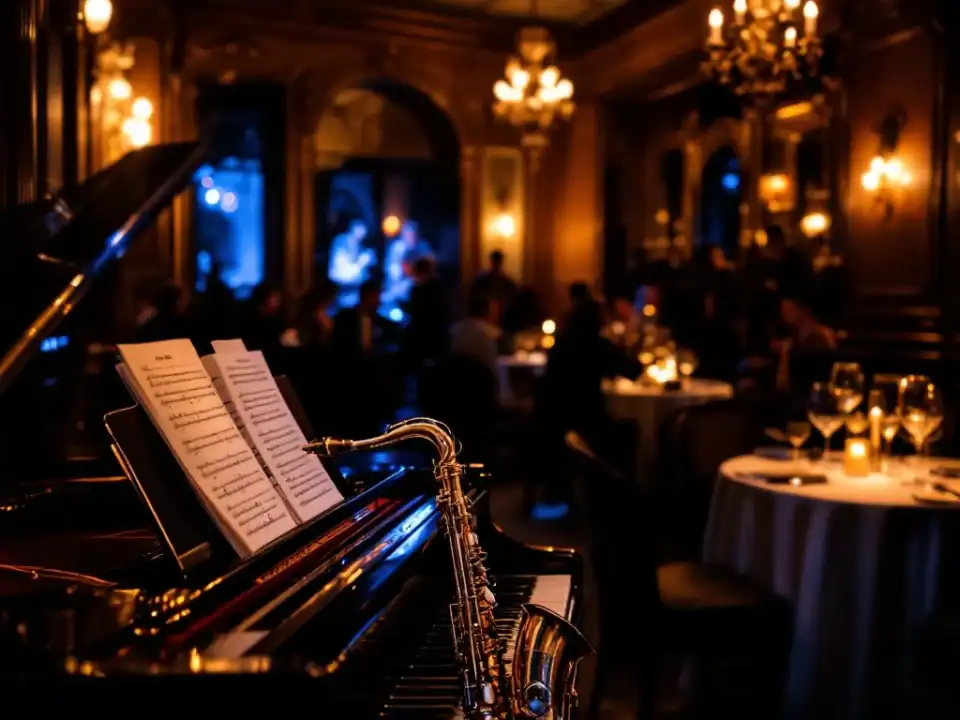 Elegante historische jazzlocatie met vleugelpiano, saxofoon en intieme tafels in sfeervol amberkleurig en blauw licht.