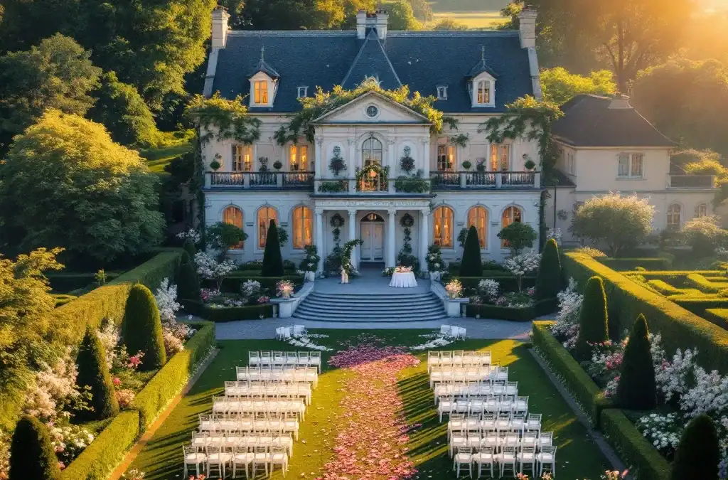 Historische villa in Hillegom met romantische bruiloftsopstelling in de tuin, bloeiende bloemen en receptietafels in gouden middaglicht.