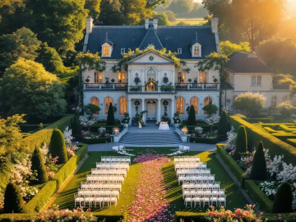 Historische villa in Hillegom met romantische bruiloftsopstelling in de tuin, bloeiende bloemen en receptietafels in gouden middaglicht.
