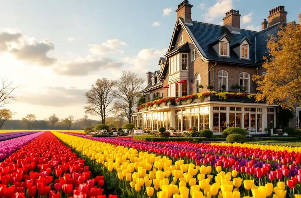 Luxe boutique hotel met Nederlandse architectuur omringd door kleurrijke tulpenvelden in de Bollenstreek, badend in warm middaglicht