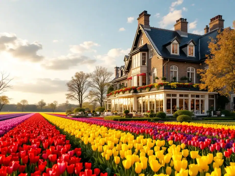 Luxe boutique hotel met Nederlandse architectuur omringd door kleurrijke tulpenvelden in de Bollenstreek, badend in warm middaglicht
