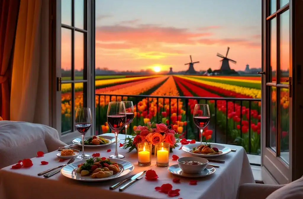 Luxe hotelsuite balkon met romantisch diner uitkijkend over kleurrijke tulpenvelden bij zonsondergang in de Bollenstreek, met windmolens tegen de oranje-roze hemel.