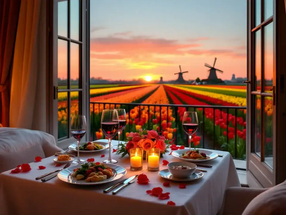 Luxe hotelsuite balkon met romantisch diner uitkijkend over kleurrijke tulpenvelden bij zonsondergang in de Bollenstreek, met windmolens tegen de oranje-roze hemel.