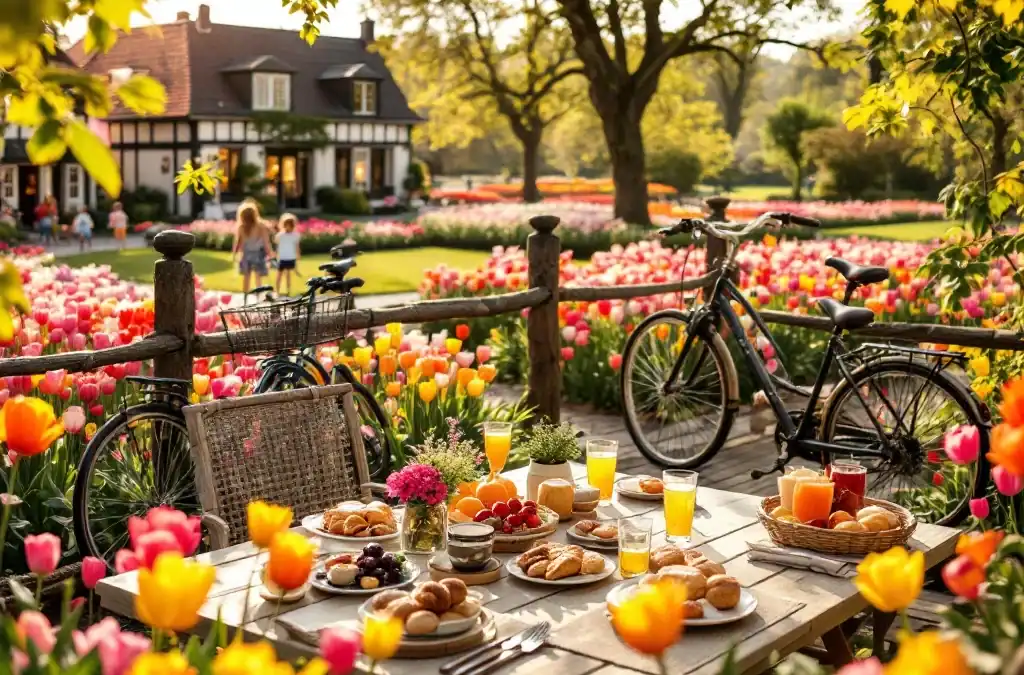 Zonnig terras van een Nederlands landhotel omringd door kleurrijke tulpenvelden, met gedekte tafel voor familiepicknick en fietsen tegen een hek.