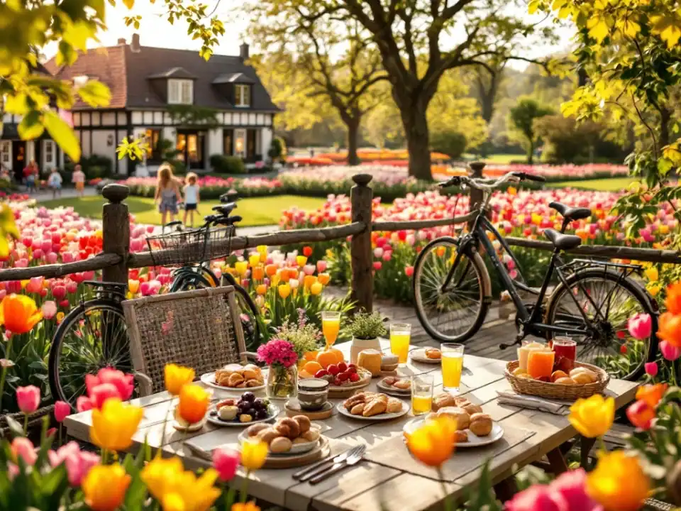 Zonnig terras van een Nederlands landhotel omringd door kleurrijke tulpenvelden, met gedekte tafel voor familiepicknick en fietsen tegen een hek.