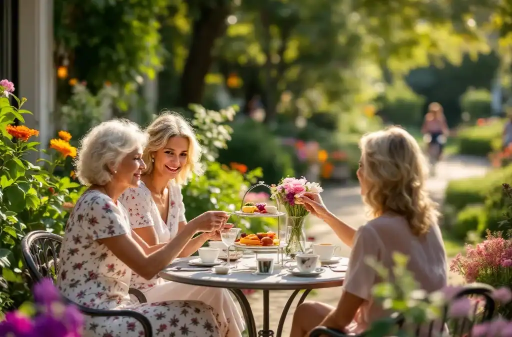 Vrouwen genieten van high tea op zonnig terras van landelijk boutiquehotel, met kleurrijke bollenvelden en fietsers op achtergrond.