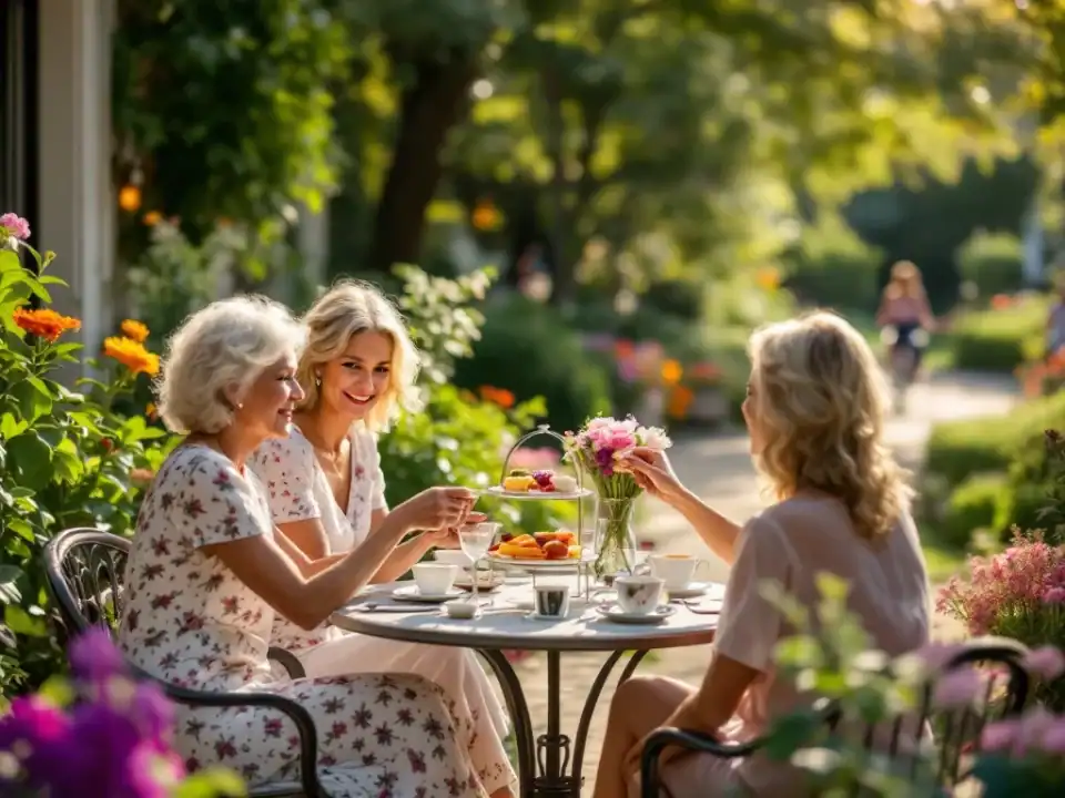 Vrouwen genieten van high tea op zonnig terras van landelijk boutiquehotel, met kleurrijke bollenvelden en fietsers op achtergrond.