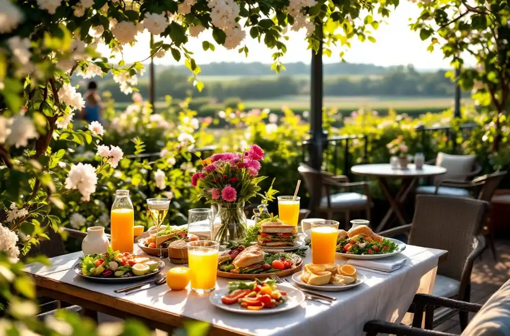 Zonnig terras van een gezellig restaurant in Hillegom met kleurrijke salades en broodjes op tafel. Op de achtergrond het mooie Bollenstreek landschap met bloeiende velden.