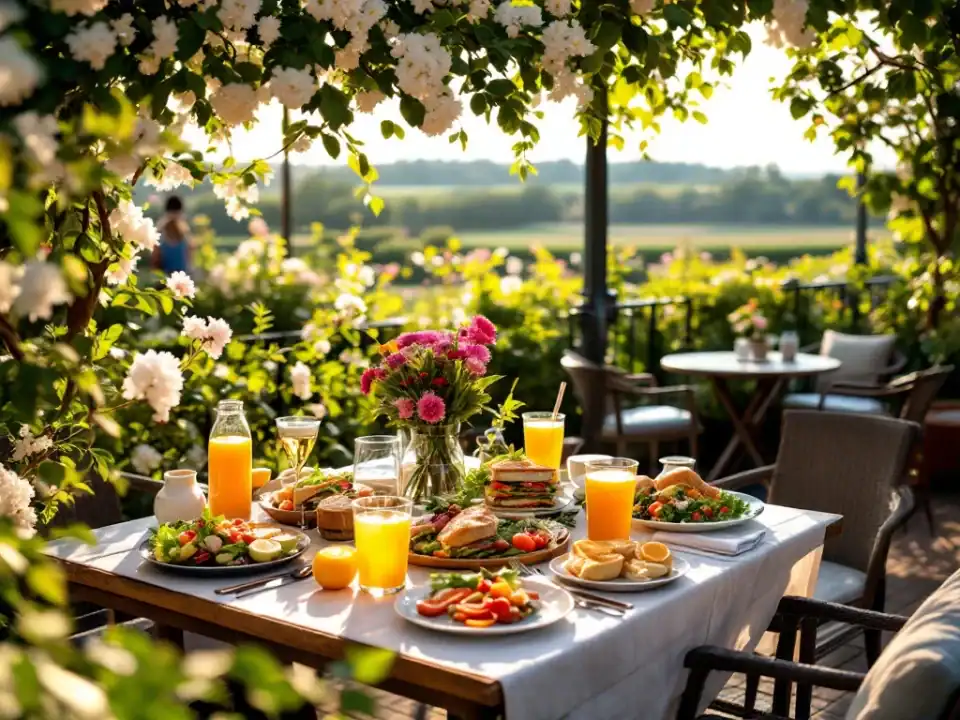 Zonnig terras van een gezellig restaurant in Hillegom met kleurrijke salades en broodjes op tafel. Op de achtergrond het mooie Bollenstreek landschap met bloeiende velden.