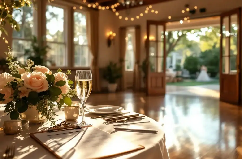 Elegante trouwlocatie met clipboard en checklist op gedekte tafel, champagneglas in zonlicht, dansvloer en openslaande deuren naar tuinterras.